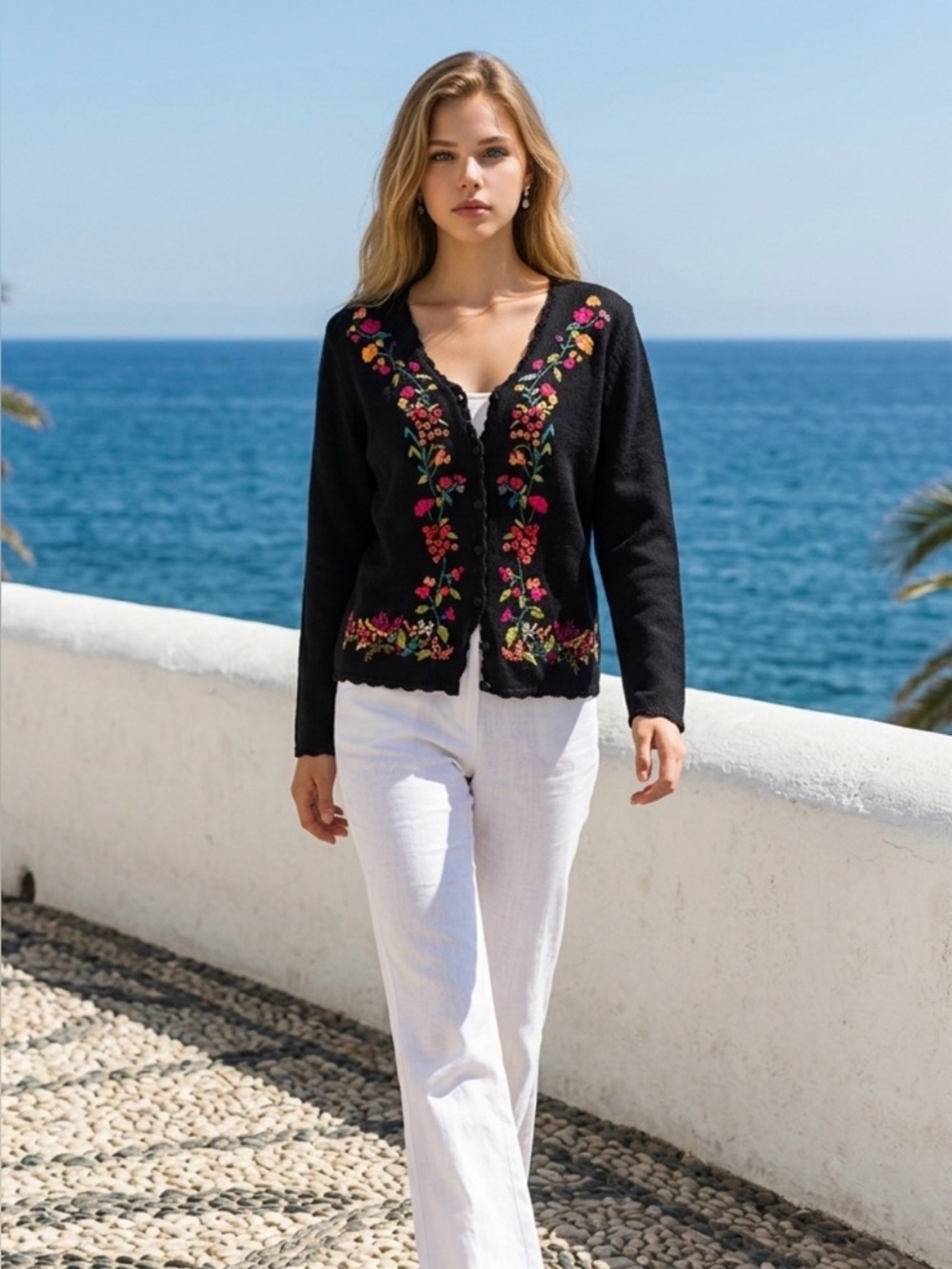 Vintage Heirloom Collection Embroidered Floral Embroidered Black Sweater | Cardi
